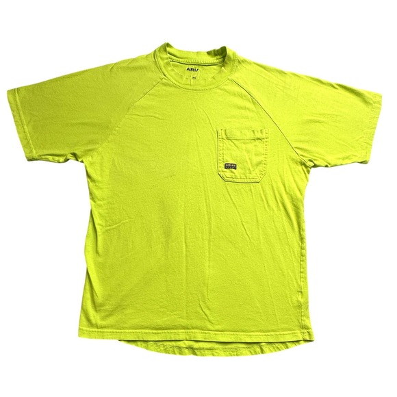 Ariat Shirt Mens Medium Neon Green Rebar Cotton Strong SS Pocket Workwear Tee - Picture 1 of 8